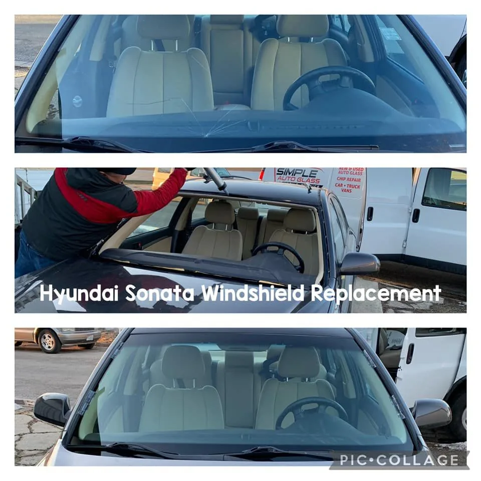 Three views of a Hyundai Sonata windshield replacement.