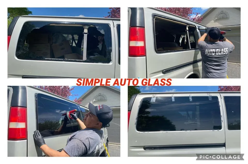 A technician installing a window on a van.