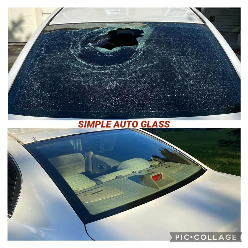 A broken windshield and the same car after a new windshield was installed.